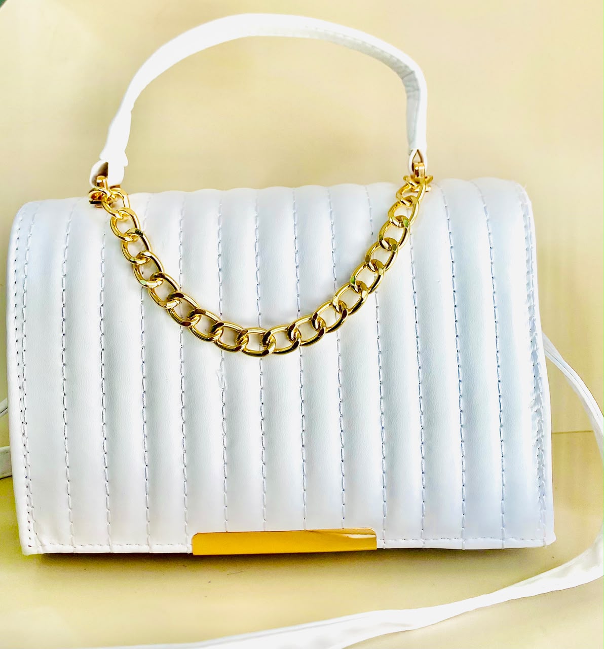 Quilted Flap Handbag with Chain Accent